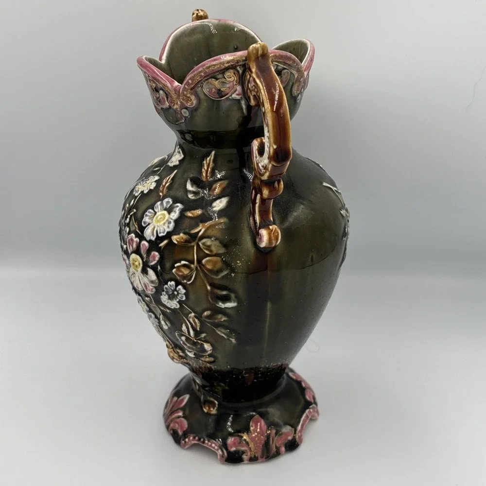 19th Century Eastern European Majolica Vase Raised Flowers 10